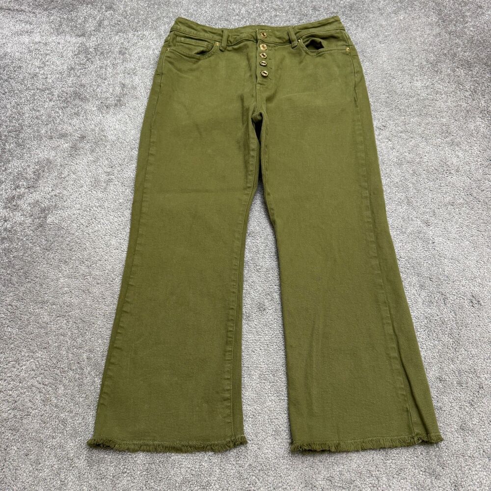 Michael Kors Crop Flare Denim Jeans Womens 10 Green Button Fly Raw Fray Hem Fit